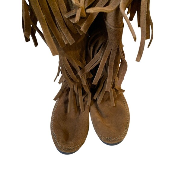MINNETONKA Womens US 9 Moccasin Boots 1632 Brown Suede 3-Layer Fringe EUC - Picture 4 of 9